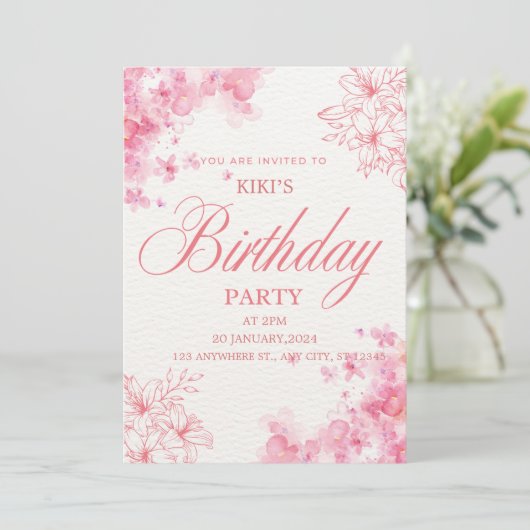 Elegant Pink Floral Birthday Invitation Bedankkaart (Staand voorkant)