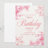 Elegant Pink Floral Birthday Invitation Bedankkaart (Voorkant / Achterkant)