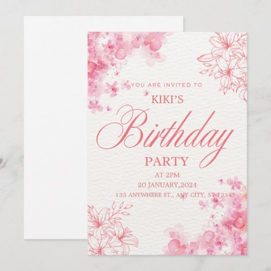 Elegant Pink Floral Birthday Invitation Bedankkaart (Voorkant / Achterkant)