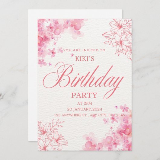 Elegant Pink Floral Birthday Invitation Kaart (Voorkant / Achterkant)