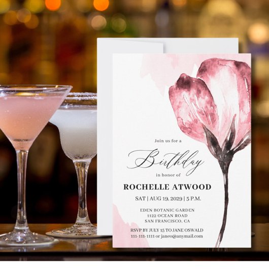 Elegant Pink Floral Birthday Party Invitation Kaart