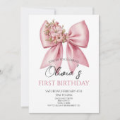 Elegant Pink Floral Bow Birthday Party Kaart (Voorkant)