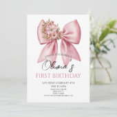 Elegant Pink Floral Bow Birthday Party Kaart (Staand voorkant)