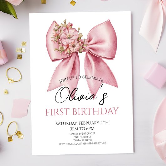 Elegant Pink Floral Bow Birthday Party Kaart