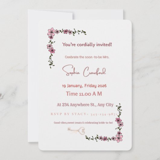 Elegant Pink Floral Bridal Shower Invitation | Min Kaart (Voorkant)