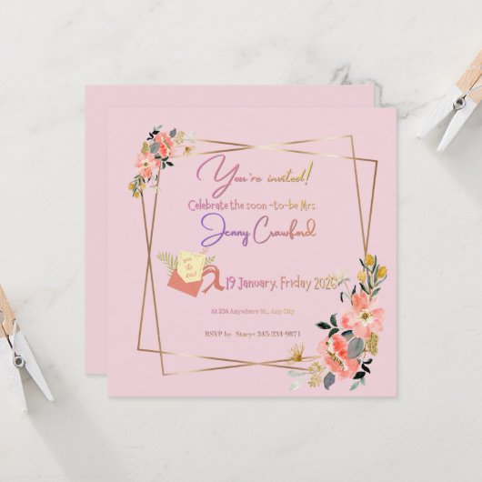 Elegant Pink Floral Bridal Shower Invitation | Mod Kaart (Voorkant / Achterkant in situ)