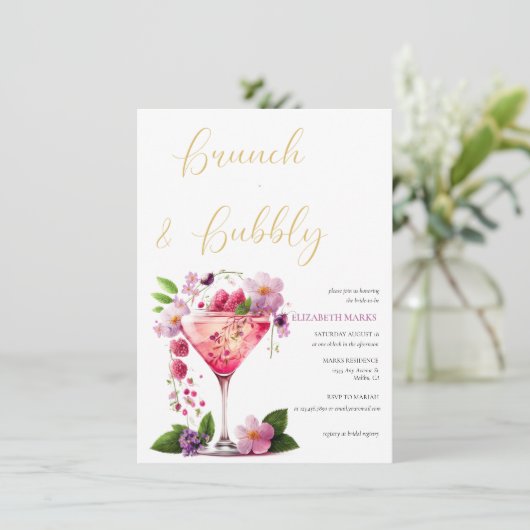 Elegant Pink Floral Brunch en Bubble Vrijgezellenf Kaart (Staand voorkant)