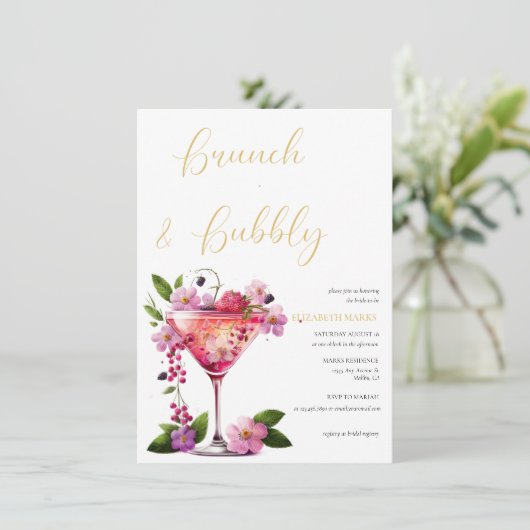 Elegant Pink Floral Brunch en Bubble Vrijgezellenf Kaart (Staand voorkant)