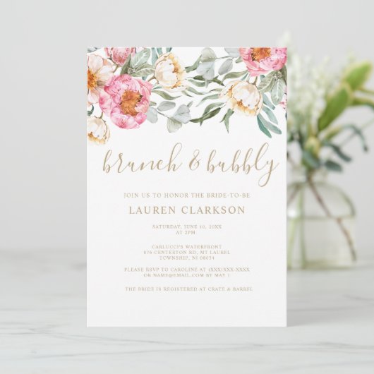 Elegant Pink Floral Brunch Vrijgezellenfeest Kaart (Staand voorkant)