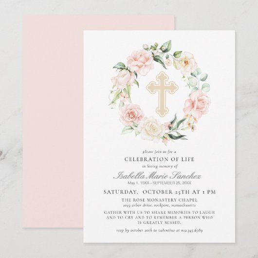 Elegant Pink Floral Celebration of Life Funeral Kaart (Voorkant / Achterkant)