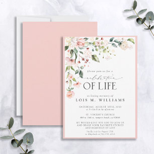 Elegant Pink Floral Celebration of Life Invitation Kaart