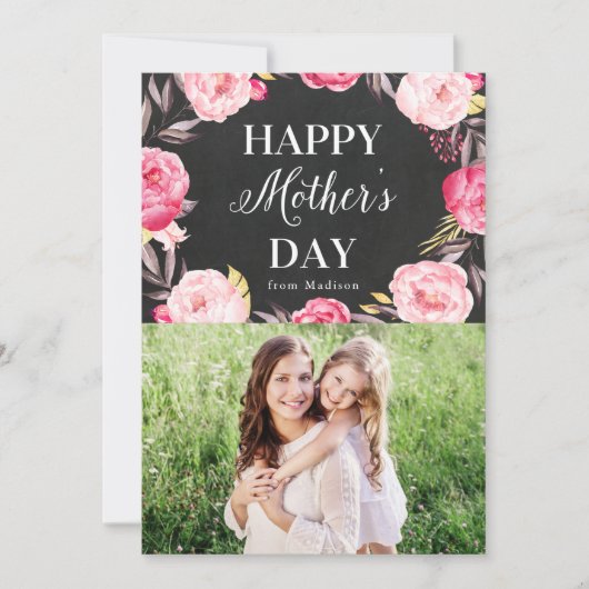 Elegant Pink Floral Chalkboard Foto Moederdag Kaart (Voorkant)