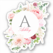 Elegant Pink Floral Ciral Lijst Naam Monogram Sticker (Voorkant)