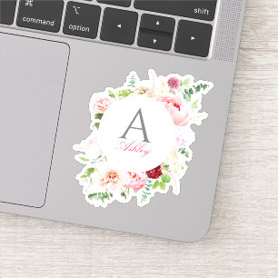 Elegant Pink Floral Ciral Lijst Naam Monogram Sticker