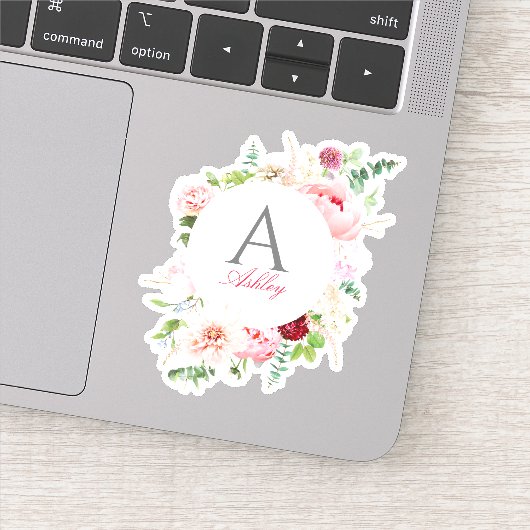 Elegant Pink Floral Ciral Lijst Naam Monogram Sticker (Detail)