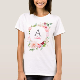 Elegant Pink Floral Ciral Lijst Naam Monogram T-shirt