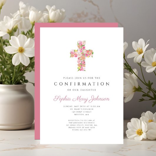 Elegant Pink Floral Cross Girl Confirmation Kaart