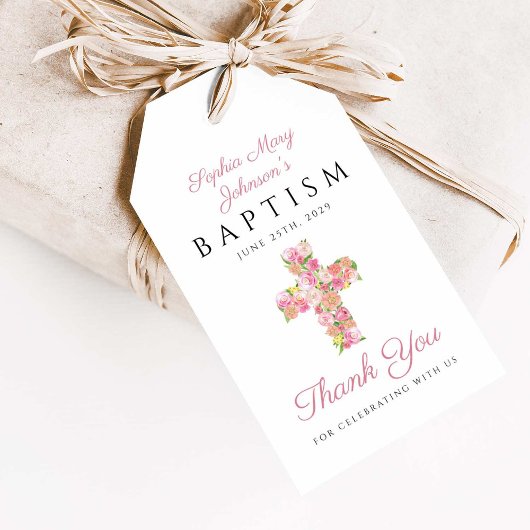 Elegant Pink Floral Cross Religieuze Baptisme Cadeaulabel