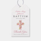 Elegant Pink Floral Cross Religieuze Baptisme Cadeaulabel (Voorkant)