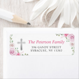 Elegant Pink Floral Cross Religity Return Address Etiket