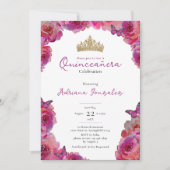 Elegant Pink Floral Crown Quinceanera Kaart (Voorkant)