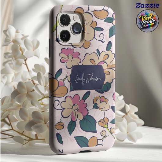 Elegant Pink Floral Custom Name Accent Case-Mate iPhone Case