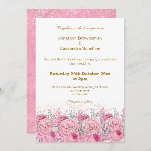 ELEGANT  PINK FLORAL DAMASK WEDING KAART (Voorkant / Achterkant)