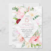 Elegant Pink Floral Diamond Script Quinceañera Kaart (Voorkant)