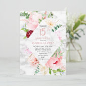 Elegant Pink Floral Diamond Script Quinceañera Kaart (Staand voorkant)