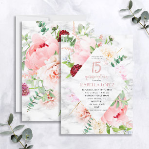 Elegant Pink Floral Diamond Script Quinceañera Kaart
