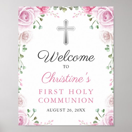 Elegant Pink Floral First Heilige Communauteit Wel Poster (Voorkant)