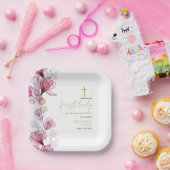 Elegant Pink Floral First Heilige Communie Papieren Bordje (Feest)