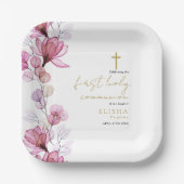 Elegant Pink Floral First Heilige Communie Papieren Bordje (Voorkant)