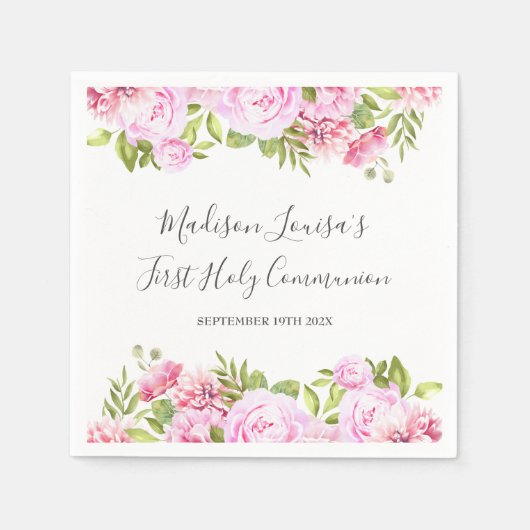 Elegant Pink Floral First Heilige Communie Servet (Voorkant)
