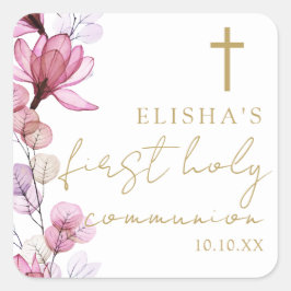 Elegant Pink Floral First Heilige Communie Vierkante Sticker