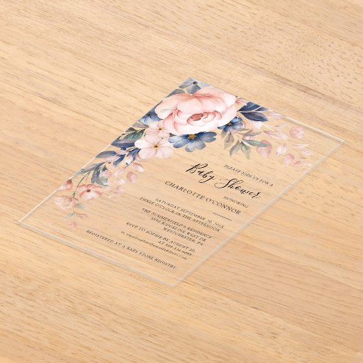 Elegant Pink Floral Girl Baby shower Acryl Uitnodigingen (Laagn)