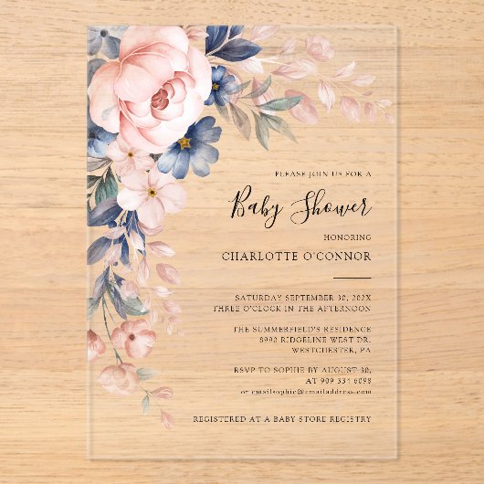 Elegant Pink Floral Girl Baby shower Acryl Uitnodigingen (Voorkant)