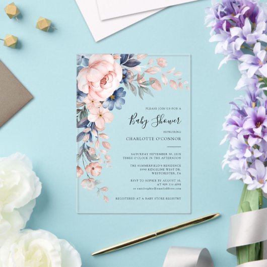 Elegant Pink Floral Girl Baby shower Acryl Uitnodigingen (Insitu (Huwelijk))