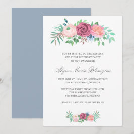Elegant Pink Floral Girl Baptism First Birthday Kaart