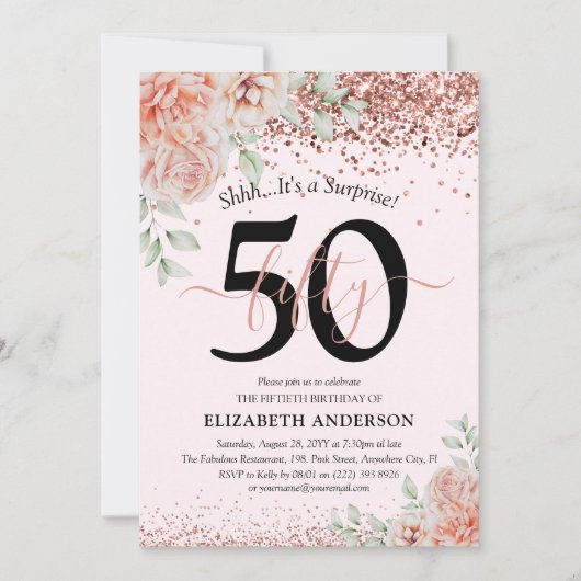 Elegant Pink Floral & Glitter 50e verjaardag Kaart (Voorkant)