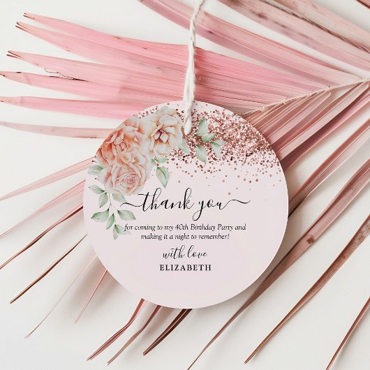 Elegant Pink Floral & Glitter Birthday Party Bedankjes Labels