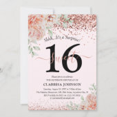Elegant Pink Floral & Glitter Sweet 16th Birthday Kaart (Voorkant)