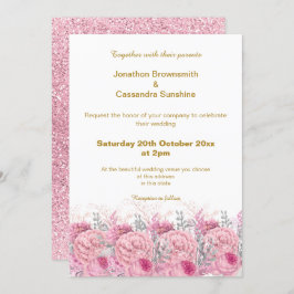 ELEGANT  PINK FLORAL GLITTER WEDING KAART