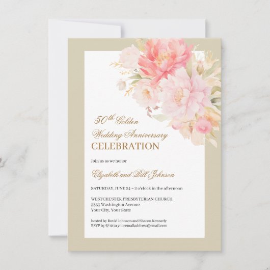 Elegant Pink Floral Gold 50th Wedding Anniversary Kaart (Voorkant)