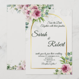 Elegant Pink Floral Gold Arch Wedding Invitation Kaart