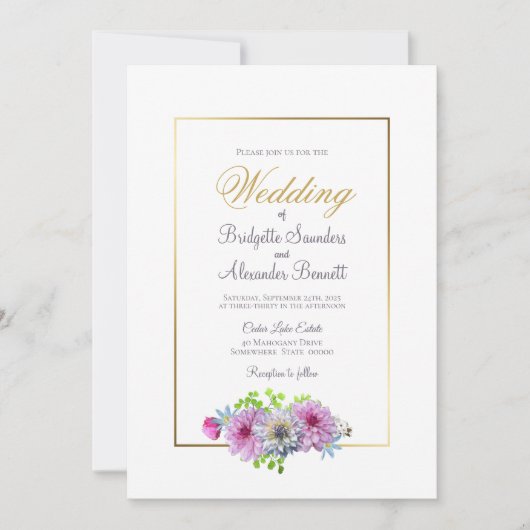 Elegant Pink Floral Gold Border Wedding Kaart (Voorkant)