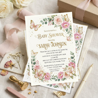 Elegant Pink Floral & Gold Butterfly Baby Shower Kaart