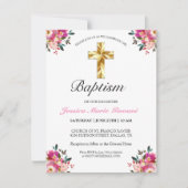 Elegant PInk Floral Gold Cross Baptism Uitnodiging (Voorkant)