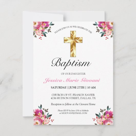 Elegant PInk Floral Gold Cross Baptism Uitnodiging (Voorkant)