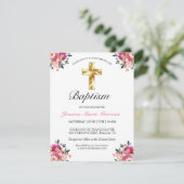 Elegant PInk Floral Gold Cross Baptism Uitnodiging (Staand voorkant)